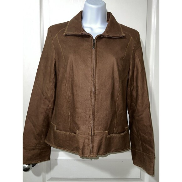 REMY LITE Brown Leather Coat Full Zip Crop Women's Jacket Excellent Condition XS - Picture 1 of 7